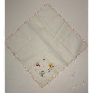 Vtg Hand Embroidered Appliquéd Linen Wedding Handkerchief Pink Crochet Trim